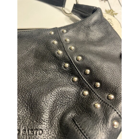 Black Leather Silver Studded Hobo Bag Purse By Franco Sarto - Picture 3 of 16